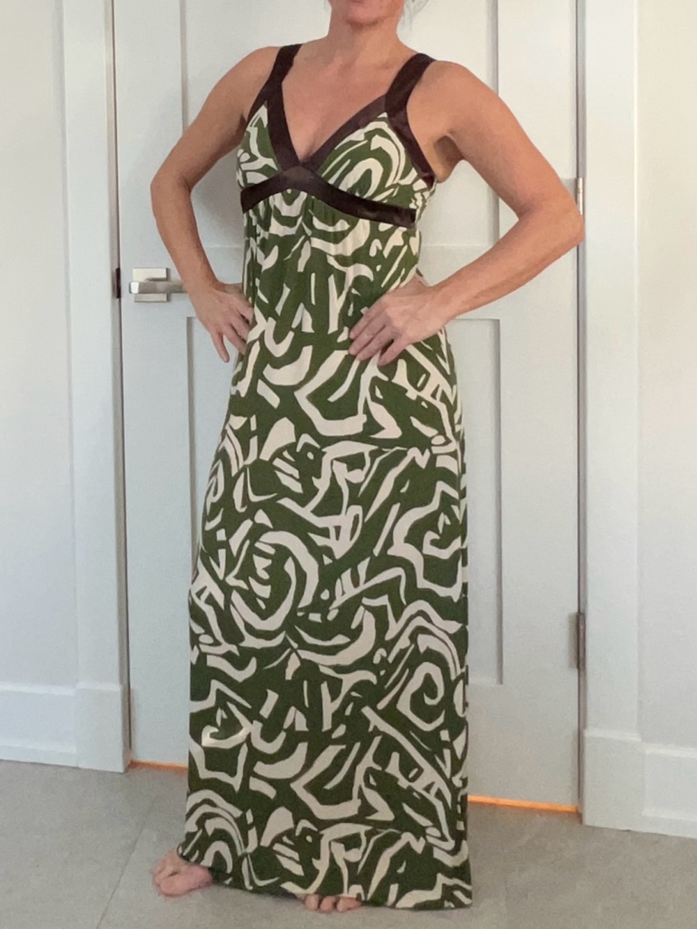 Olive Green & Cream Patterned Maxi Dress with Brown Trim